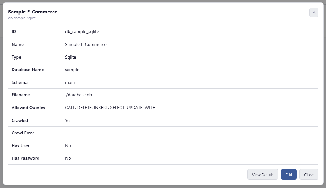 Tablix database detail modal