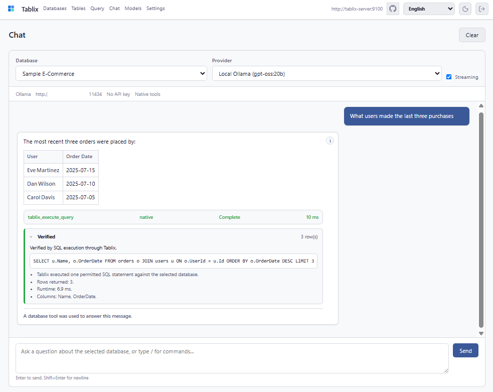 Tablix chat showing a verified SQL-backed answer